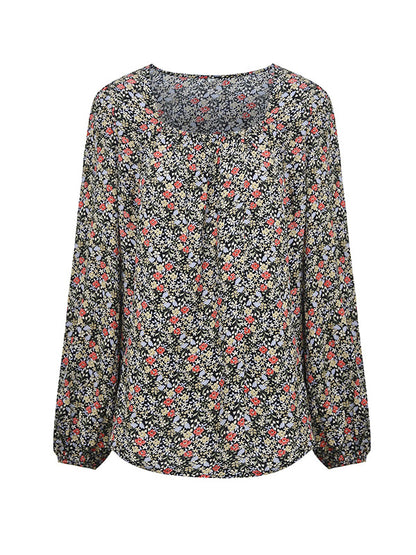 Bishop Sleeve Long Sleeves Flower Print Square-Neck Blouses&Shirts Tops