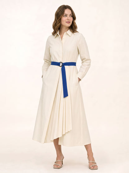 Solid Color Pockets Pleated Buttoned Belted Asymmetric Long Sleeves Lapel Shirt Dress Midi Dresses