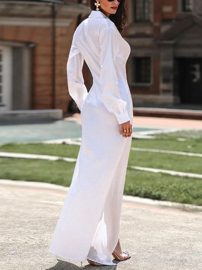 Long Sleeves Buckle Buttoned Pleated Solid Color Split-Front Lapel Maxi Dresses Shirt Dress