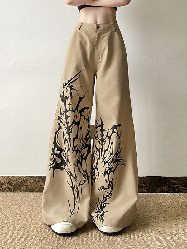 High Waisted Loose Asymmetric Printed Split-Joint Pants Trousers