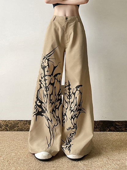 High Waisted Loose Asymmetric Printed Split-Joint Pants Trousers