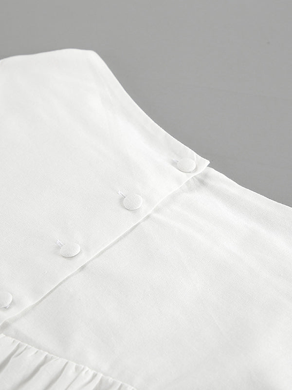 Solid Color Puff Sleeves Split-Joint Stand Collar Blouses + Pleated High Waisted Skirts Two Pieces Set