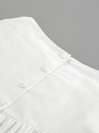 Solid Color Puff Sleeves Split-Joint Stand Collar Blouses + Pleated High Waisted Skirts Two Pieces Set