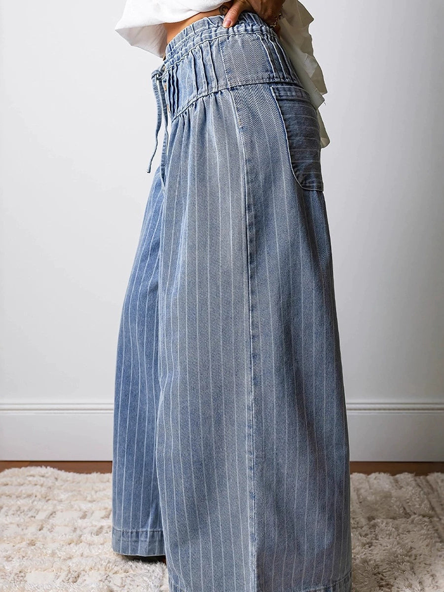 High Waisted Loose Drawstring Elasticity Pockets Jean Pants Bottoms