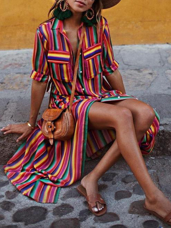 Long Sleeves Loose Split-Joint Striped Lapel Maxi Dresses Shirt Dress