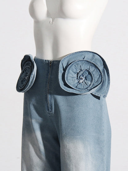 Straight Leg Three-Dimensional Flower Zipper Jean Pants Bottoms