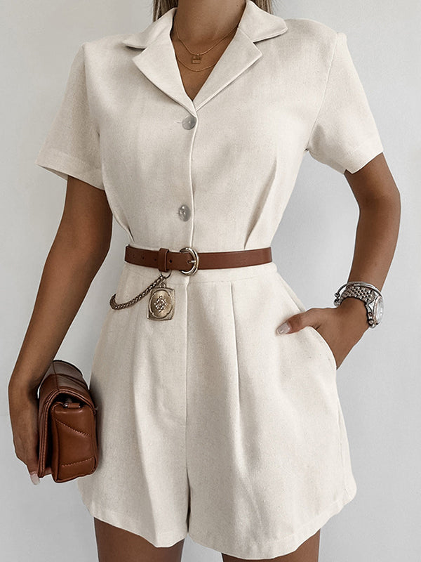 High Waisted Loose Buttoned Pleated Pockets Solid Color Split-Joint Notched Collar Rompers