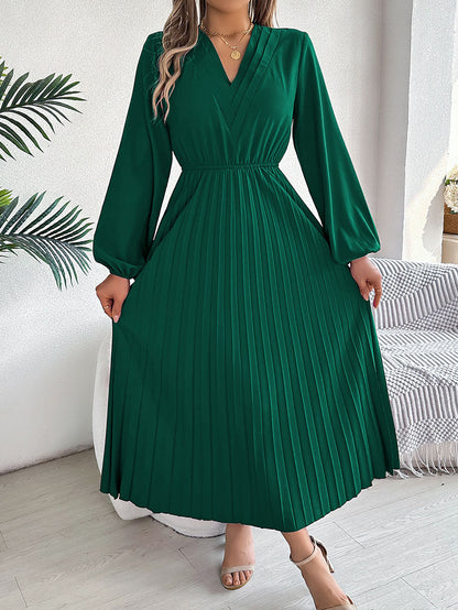 A-Line High Waisted Elasticity Pleated Solid Color V-Neck Maxi Dresses