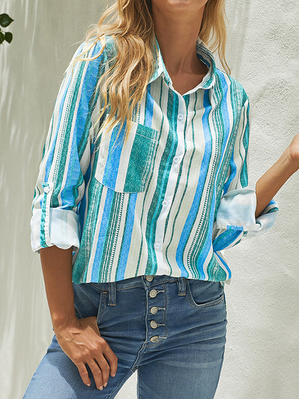 High-Low Long Sleeves Buttoned Pockets Striped Lapel Blouses&Shirts Tops
