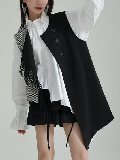 Ruffle Sleeves Sleeveless Asymmetric Buttoned Houndstooth Vest Outerwear