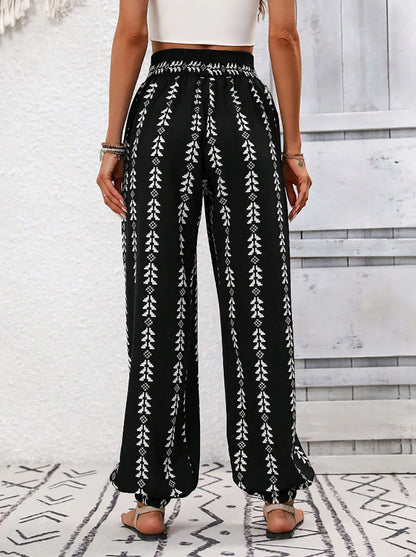 High Waisted Drawstring Pockets Printed Tied Pants Trousers