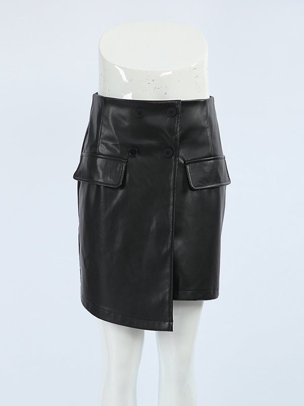 A-Line High Waisted Asymmetric Buttoned Solid Color Split-Joint Skirts Bottoms