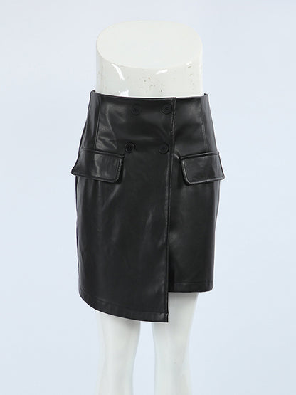 A-Line High Waisted Asymmetric Buttoned Solid Color Split-Joint Skirts Bottoms