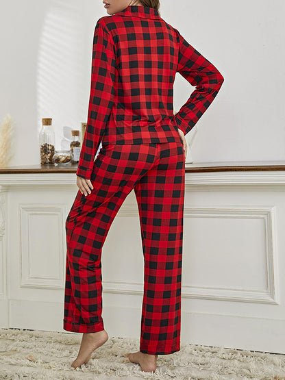 Plaid Split-Joint Lapel Long Sleeves Top + Drawstring Pants Trousers Two Pieces Set