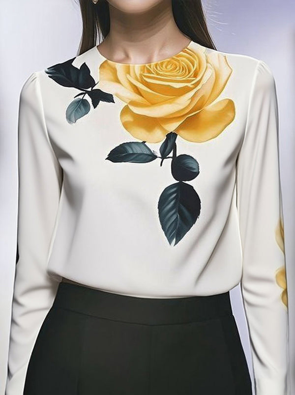 Long Sleeves Loose Flower Print Pleated Round-Neck Blouses&Shirts Tops