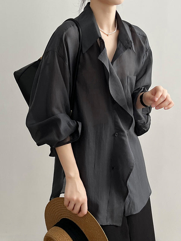 Irregular Clipping Long Sleeves Solid Color Lapel Blouses&Shirts Tops