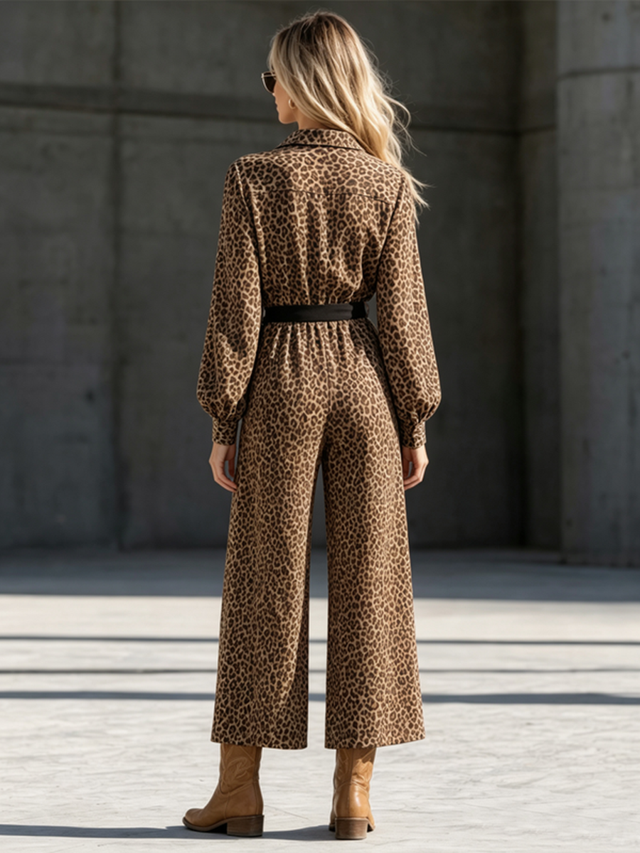 Tied Waist Pockets Leopard Buttoned Wide Leg Loose Lapel Jumpsuits