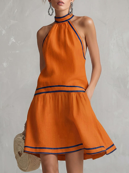 A-Line Sleeveless Contrast Color Pockets Zipper Halter-Neck Mini Dresses