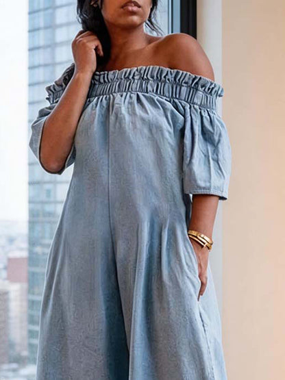 Loose Short Sleeves Pleated Solid Color Split-Joint Stretch; Elastic Off-The-Shoulder Jumpsuits