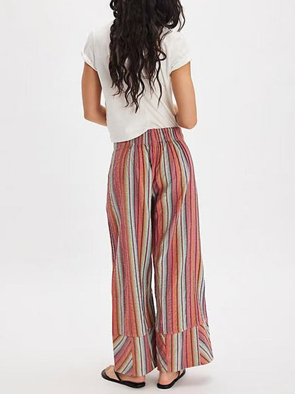 Elasticated Waist High Waisted Contrast Color Printed Split-Joint Striped Pants