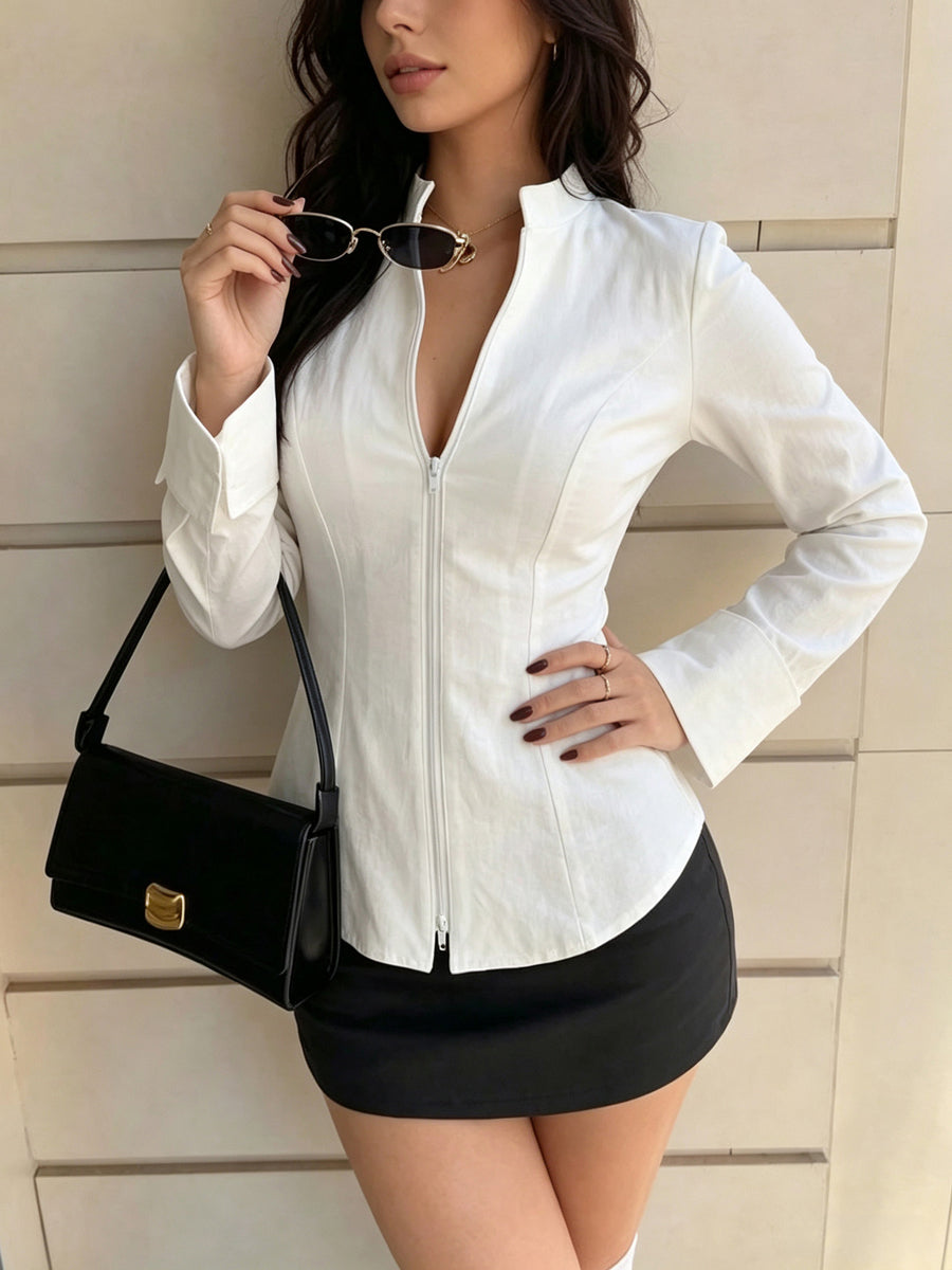 Zipper Solid Color Skinny Long Sleeves Stand Collar Blouses&shirts Tops