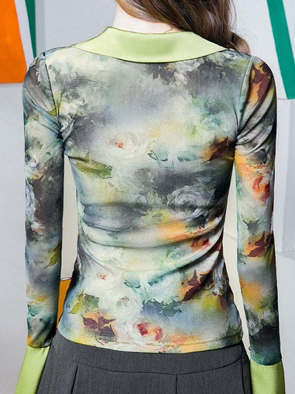 Flared Sleeves Long Sleeves Drawstring Flower Print Pleated Lapel Blouses&Shirts Tops