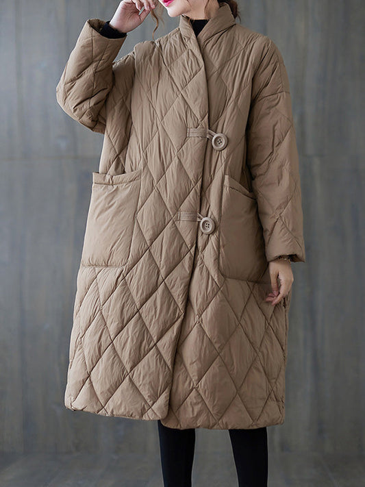Vintage Artistic Retro Solid Color Buttoned Stand Collar Long Sleeves Padded Coat