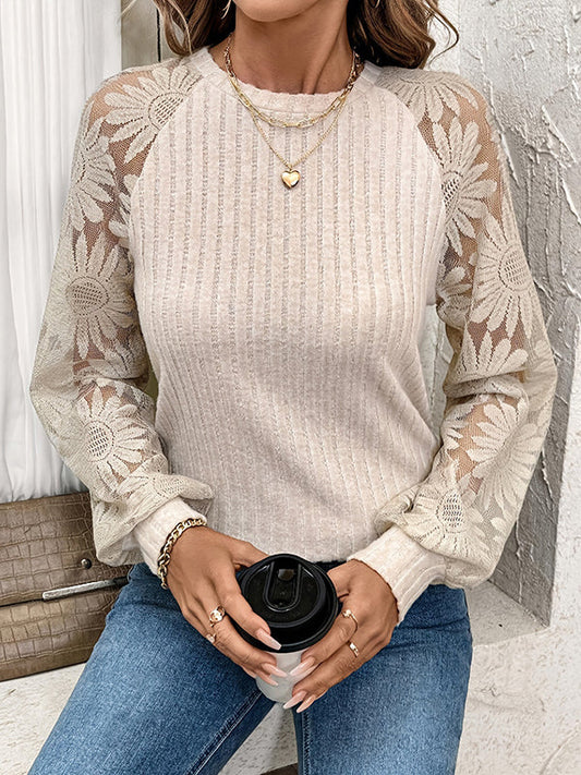 Long Sleeves Loose See-Through Split-Joint Round-Neck T-Shirts Tops