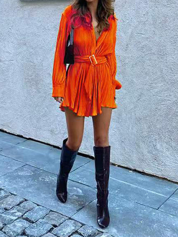 Long Sleeves Buttoned Pleated Solid Color Tied Waist Lapel Mini Dresses Shirt Dress