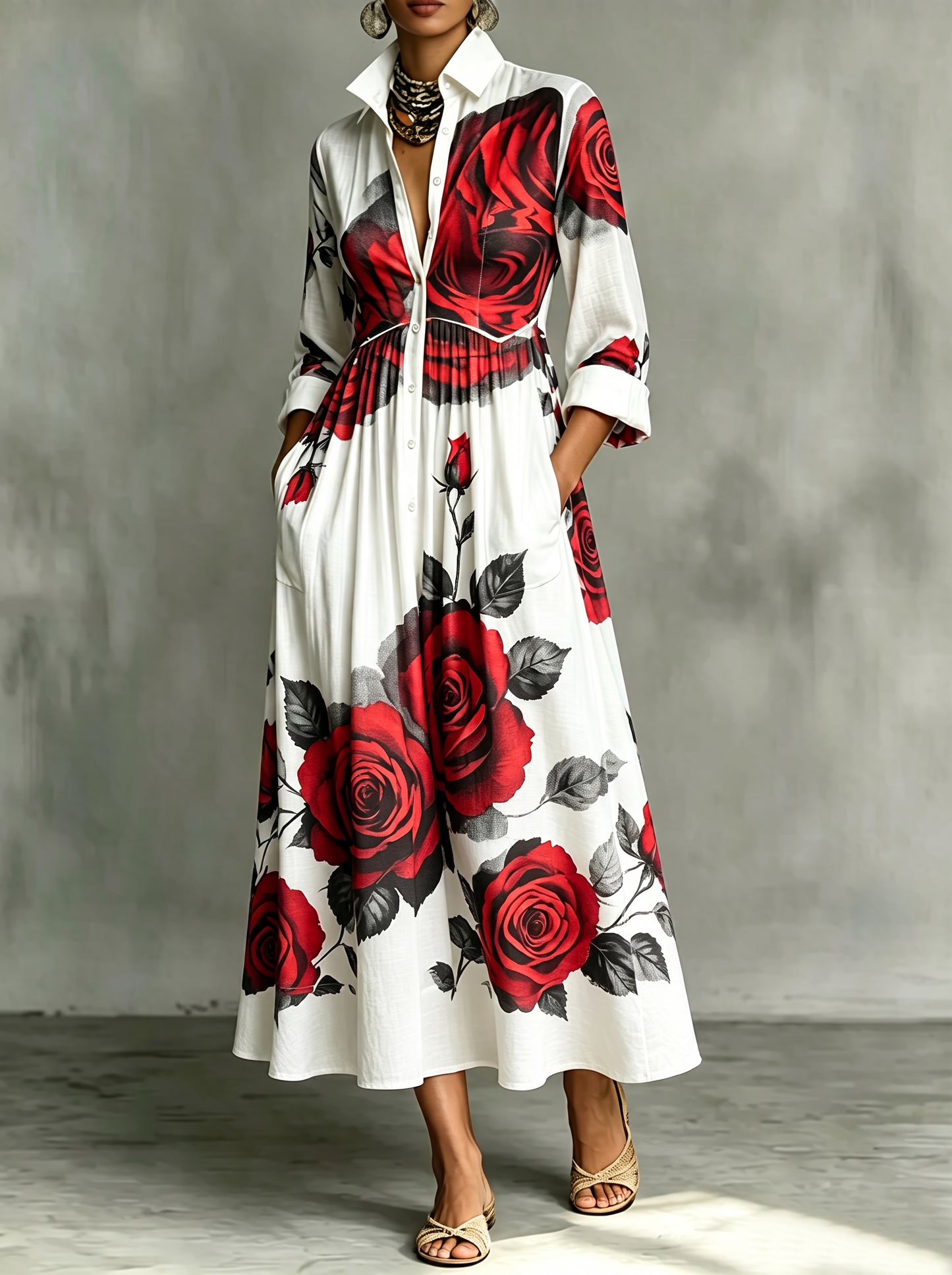 Split-Joint Pockets Pleated Flower Print Contrast Color Buttoned Three-quarter Sleeves Loose Lapel Shirt Dress Maxi Dresses