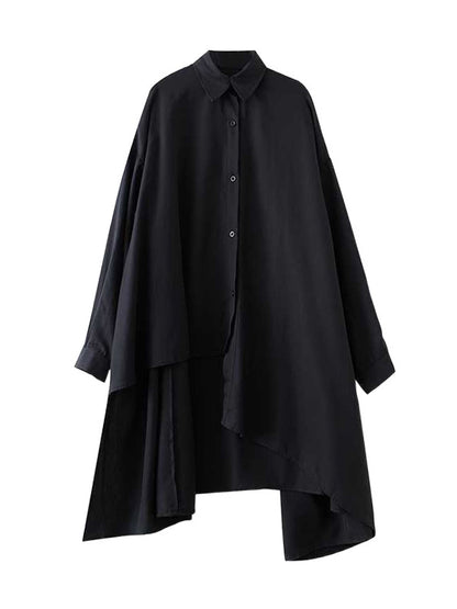High-Low Long Sleeves Asymmetric Buttoned Solid Color Split-Joint Lapel Blouses&Shirts Tops