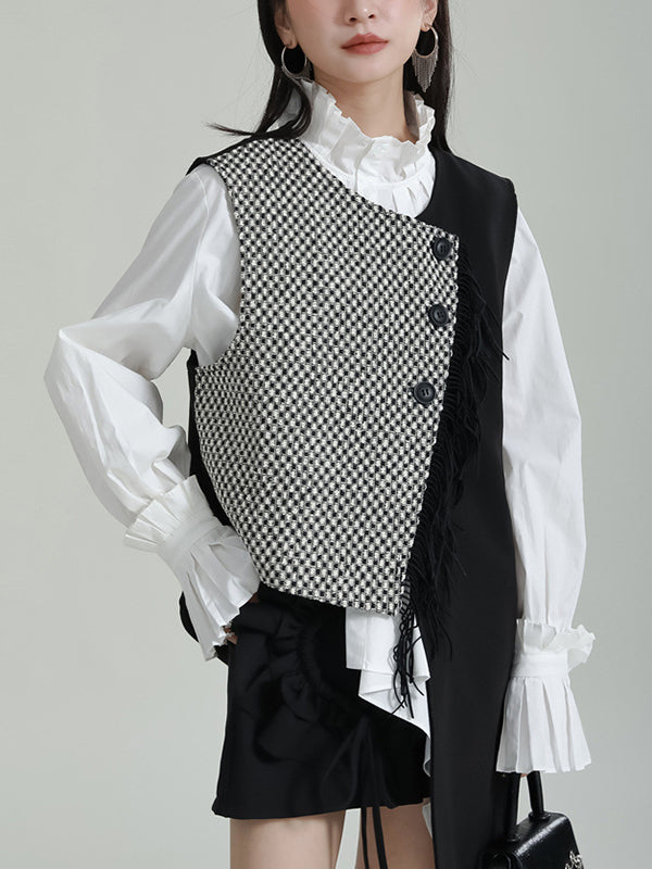 Ruffle Sleeves Sleeveless Asymmetric Buttoned Houndstooth Vest Outerwear