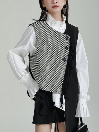 Ruffle Sleeves Sleeveless Asymmetric Buttoned Houndstooth Vest Outerwear