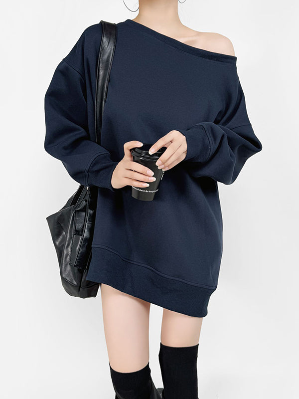 Long Sleeves Loose Solid Color Split-Joint Round-Neck Sweatshirt Tops