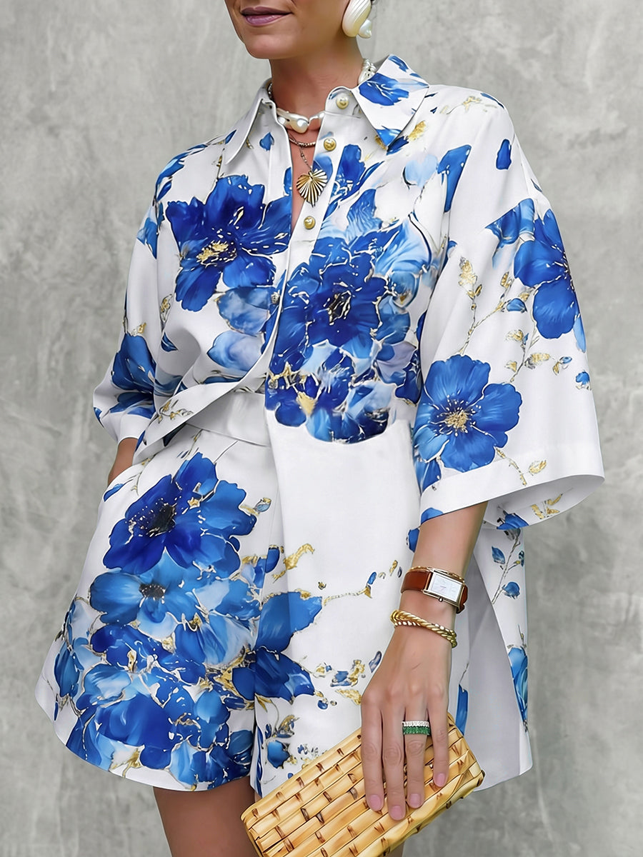 Loose Wide Leg Flower Print Pockets Shorts Bottoms