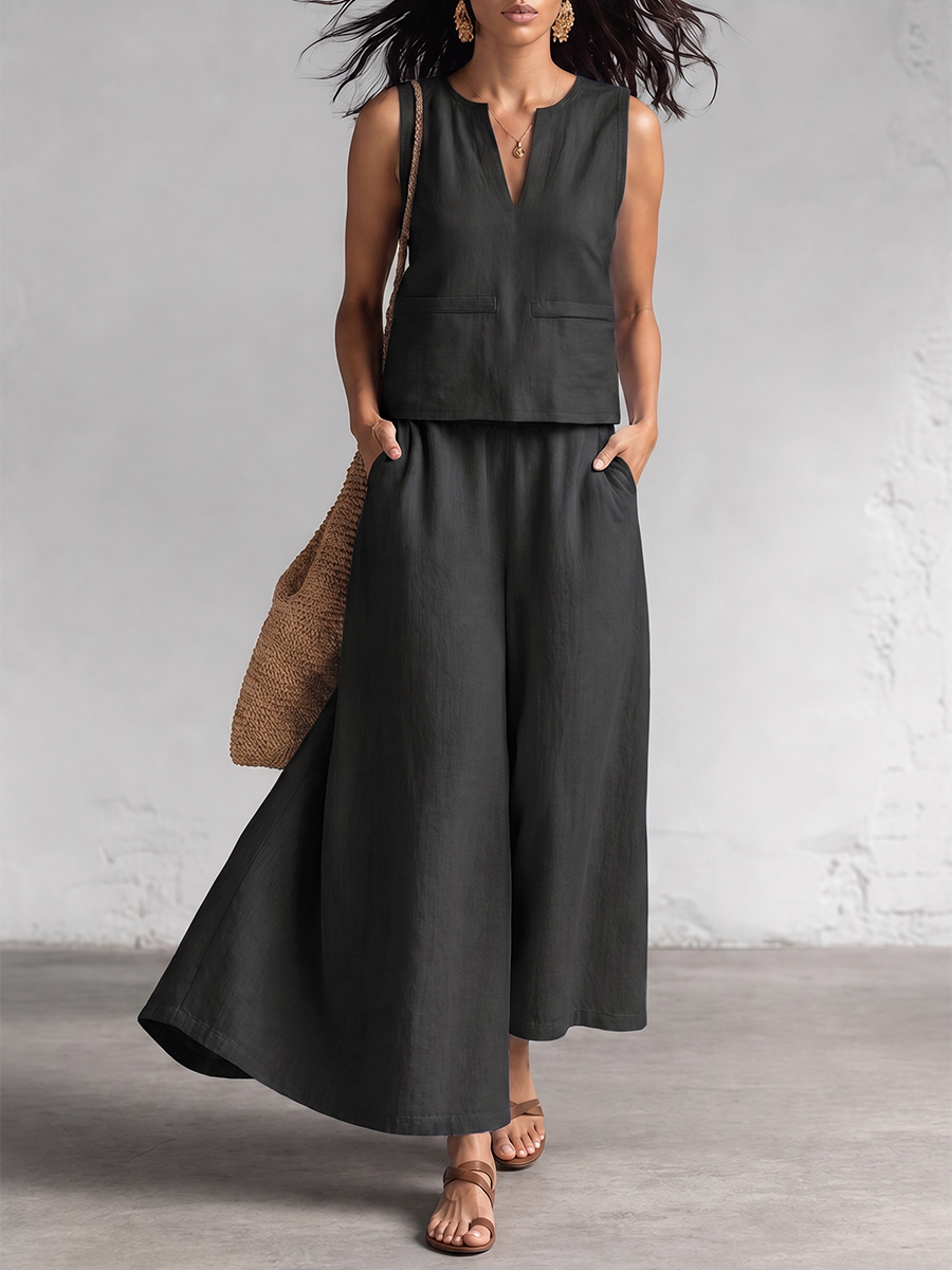 Loose Solid Color V-neck Tank Top + High Waisted Pockets Bottoms Skirts Two Pieces Set
