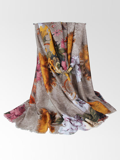Floral Printed Fringed Shawl&Scarf