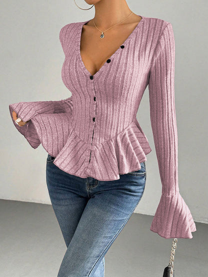 Flared Sleeves Long Sleeves Buttoned Ruffled Solid Color Split-Joint Deep V-Neck T-Shirts Tops