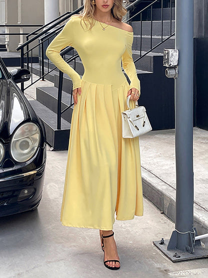 High Waisted Long Sleeves Pleated Solid Color Split-Front One-Shoulder Maxi Dresses