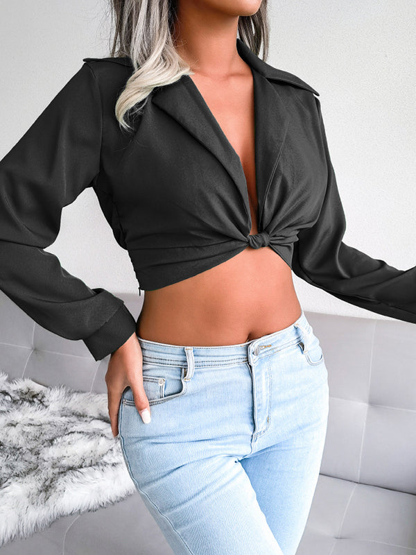 Long Sleeves Knot Solid Color Split-Joint Deep V-Neck Blouses&shirts Tops