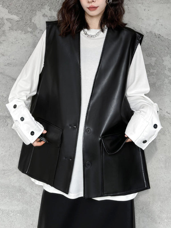 Loose Solid Color V-Neck Sleeveless Buttoned Pockets Vest Top + High Waisted Elasticity Tasseled Skirt Bottom Two Pieces Set