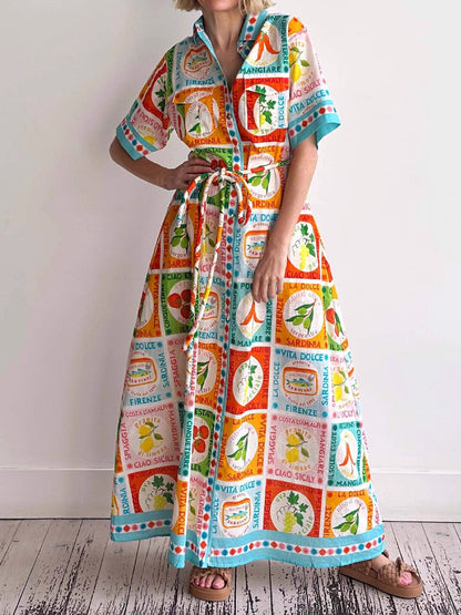 A-Line High Waisted Buttoned Contrast Color Printed Split-Joint Tied Waist Lapel Maxi Dresses Shirt Dress