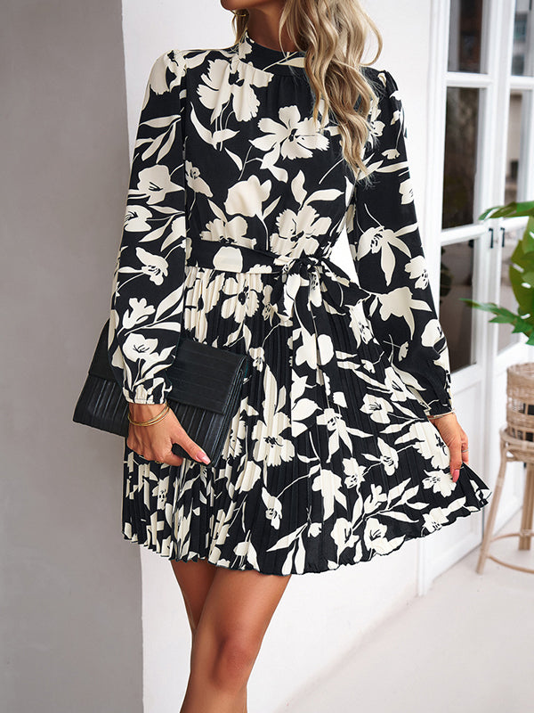 High Waisted Long Sleeves Flower Print Pleated Tied Waist Mock Neck Mini Dresses