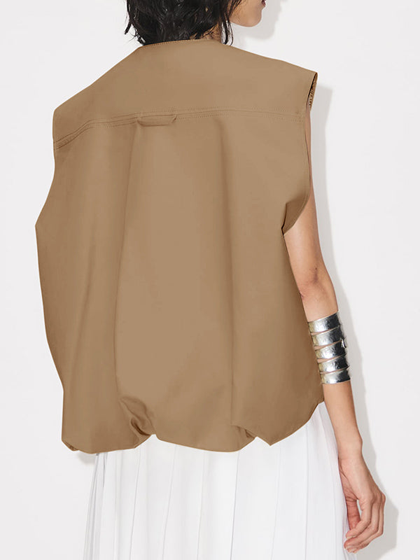 Loose Sleeveless Pockets Split-Joint Zipper Round-Neck Vest Outerwear