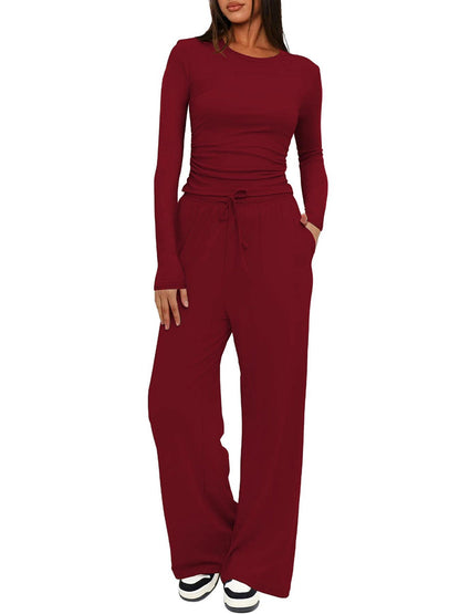 Solid Color Pleated Round-Neck T-Shirts Tops +  Elasticated Waist High Waisted Drawstring Pants Two Pieces Set