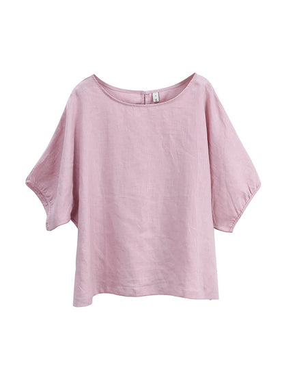 Loose Puff Sleeves Hollow Solid Color Split-Joint Round-Neck T-Shirts