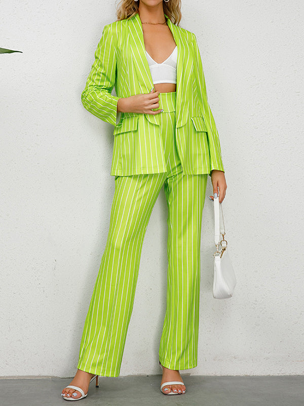 Long Sleeves Striped Lapel Blazer Top + Wide Leg Pants Bottom Two Pieces Set