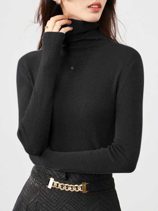 Long Sleeves Skinny Solid Color High-Neck Knitwear Pullovers Sweater Tops