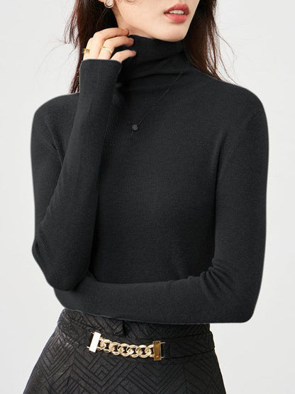 Long Sleeves Skinny Solid Color High-Neck Knitwear Pullovers Sweater Tops