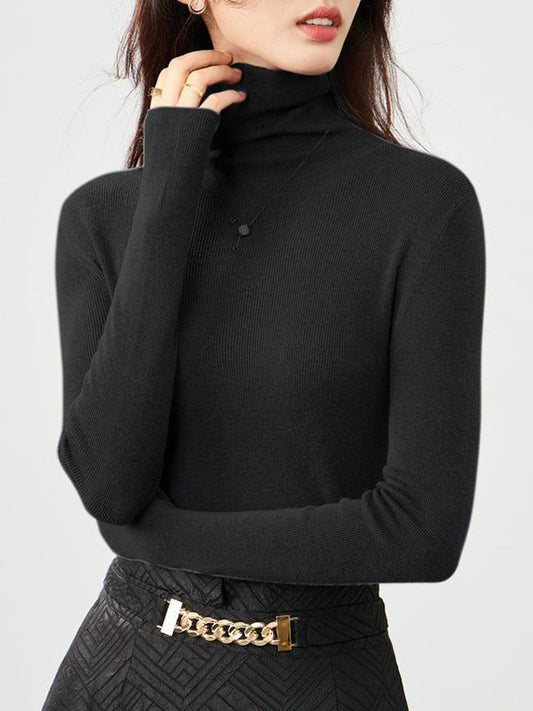 Long Sleeves Skinny Solid Color High-Neck Knitwear Pullovers Sweater Tops